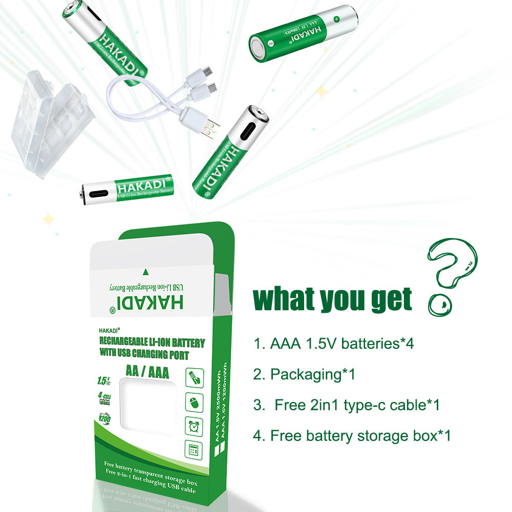 HAKADI AAA 1.5V 1200mWh AA 1.5V 2500mWh Rechargeable Lithium Batteries With TypeC interface 4PCS Per Set For Remote Mouse 1200+ Cycle