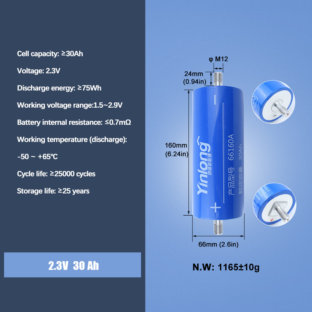 YINLONG 66160 2.3V 30Ah Rechargeable Cylindrical Batteries 6-24PCS For DIY Car Audio Solar System Outdoor Power Supply