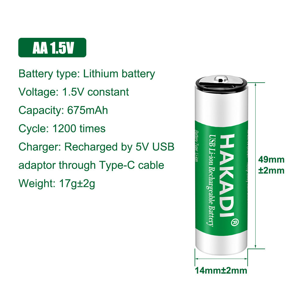 HAKADI AAA 1.5V 1200mWh AA 1.5V 2500mWh Rechargeable Lithium Batteries With TypeC interface 4PCS Per Set For Remote Mouse 1200+ Cycle