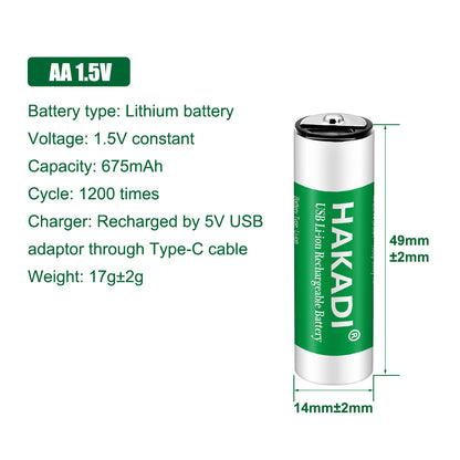 HAKADI AAA 1.5V 1200mWh AA 1.5V 2500mWh Rechargeable Lithium Batteries With TypeC interface 4PCS Per Set For Remote Mouse 1200+ Cycle