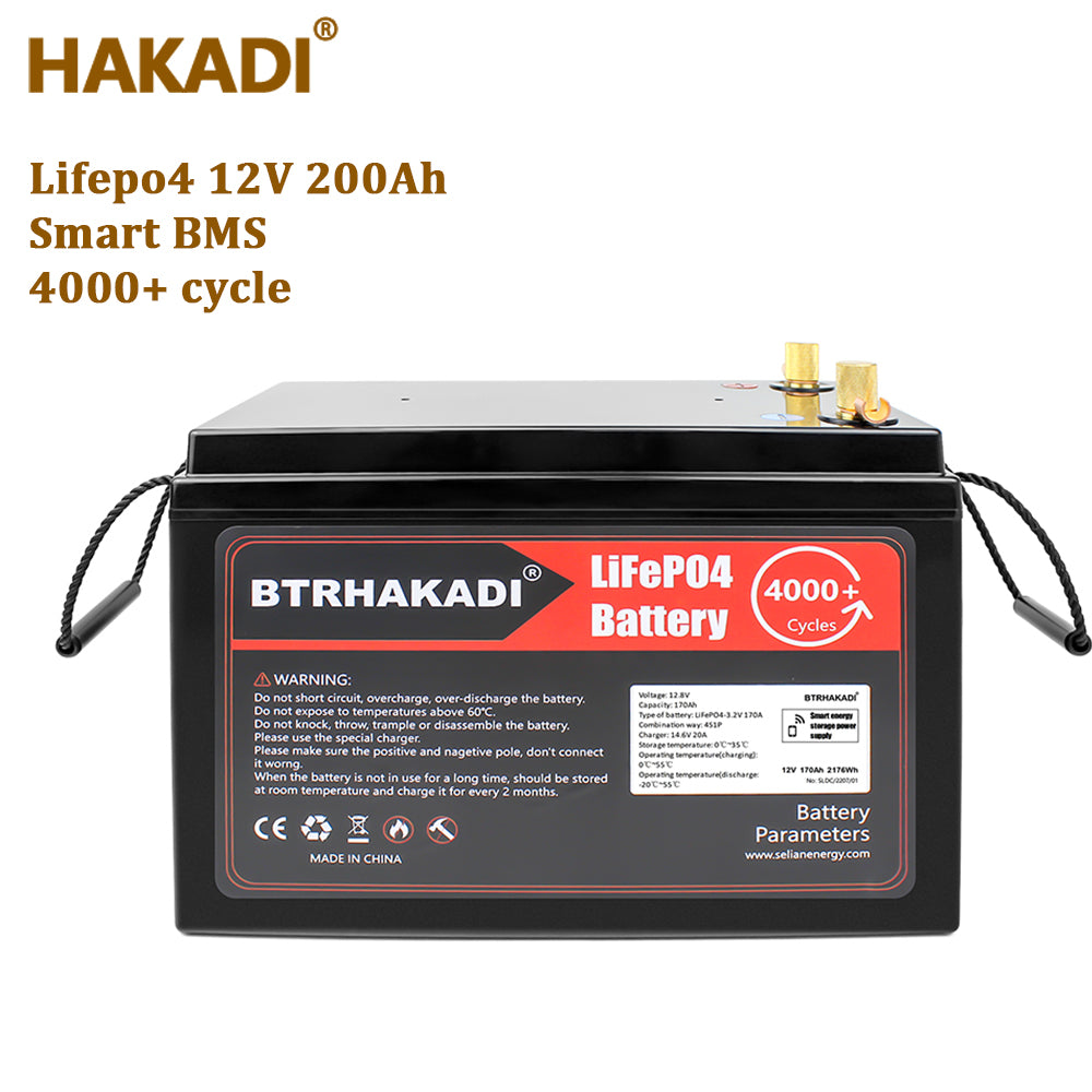 HAKADI 12V 200Ah Lifepo4 Rechargeable Battery Pack with 50A Charger For Boat Solar Energy Storage