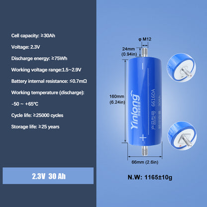 YINLONG 66160 2.3V 30Ah Rechargeable Cylindrical Batteries 6-24PCS For DIY Car Audio Solar System Outdoor Power Supply